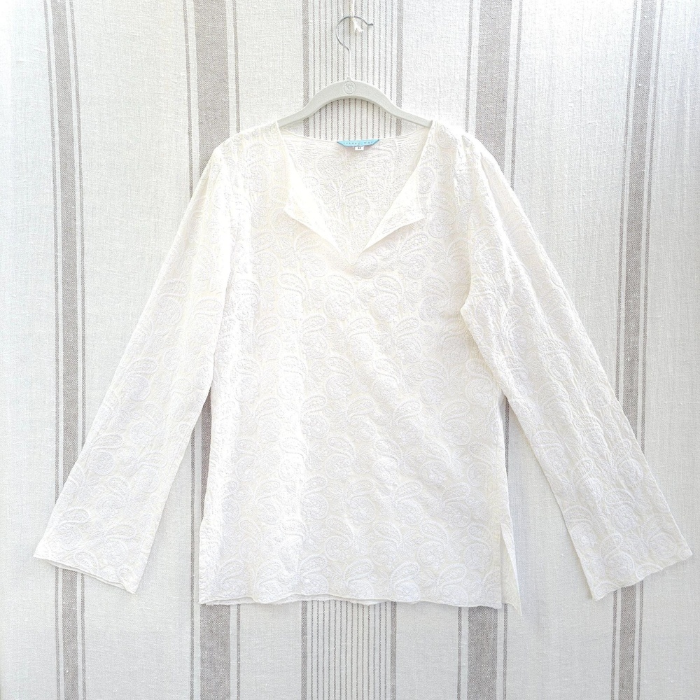 Johnny Was Top Womens Medium White Paisley Embroidered Silk Blend Tunic Boho